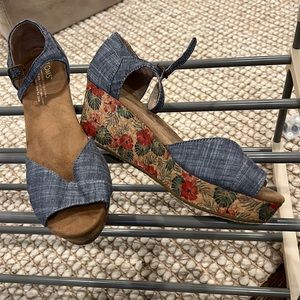 Toms Denim and Printed Cork Platform Peep-Toe Wedges